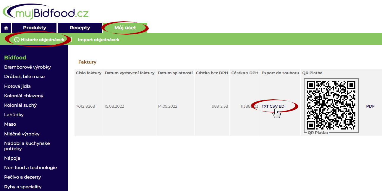 Jak stáhnout CSV fakturu z e-shopu mujBidfood