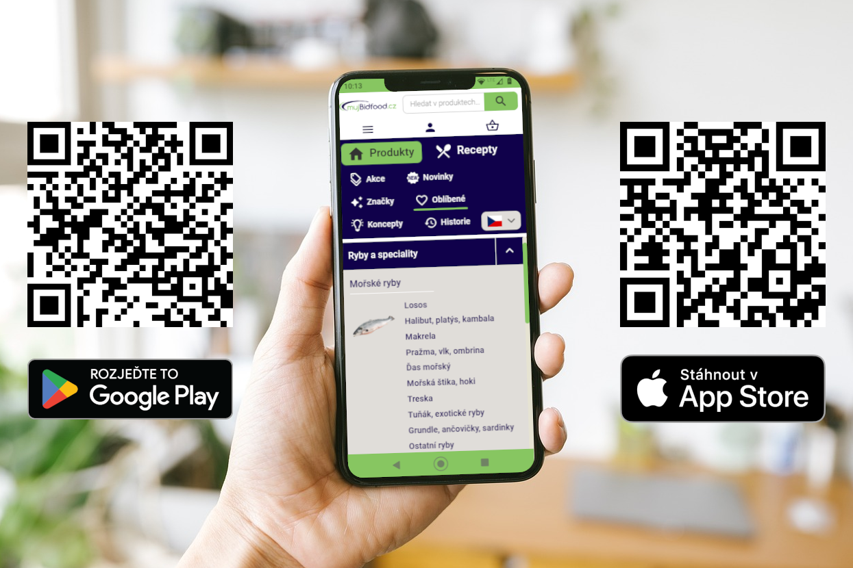 Mobilní aplikace mujBidfood.cz | QR kódy na Google Play a App Store