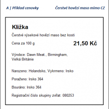 Příklad označení A | cenovka | maso hovězí mimo CZ