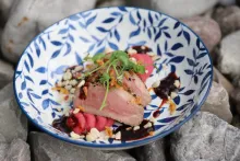 Zážitkové a lehce provokativní menu | Pečená kachní prsa s křupavým švestkovým BBQ dipem, pyré z brambor a červené řepy s křupavým hráškem